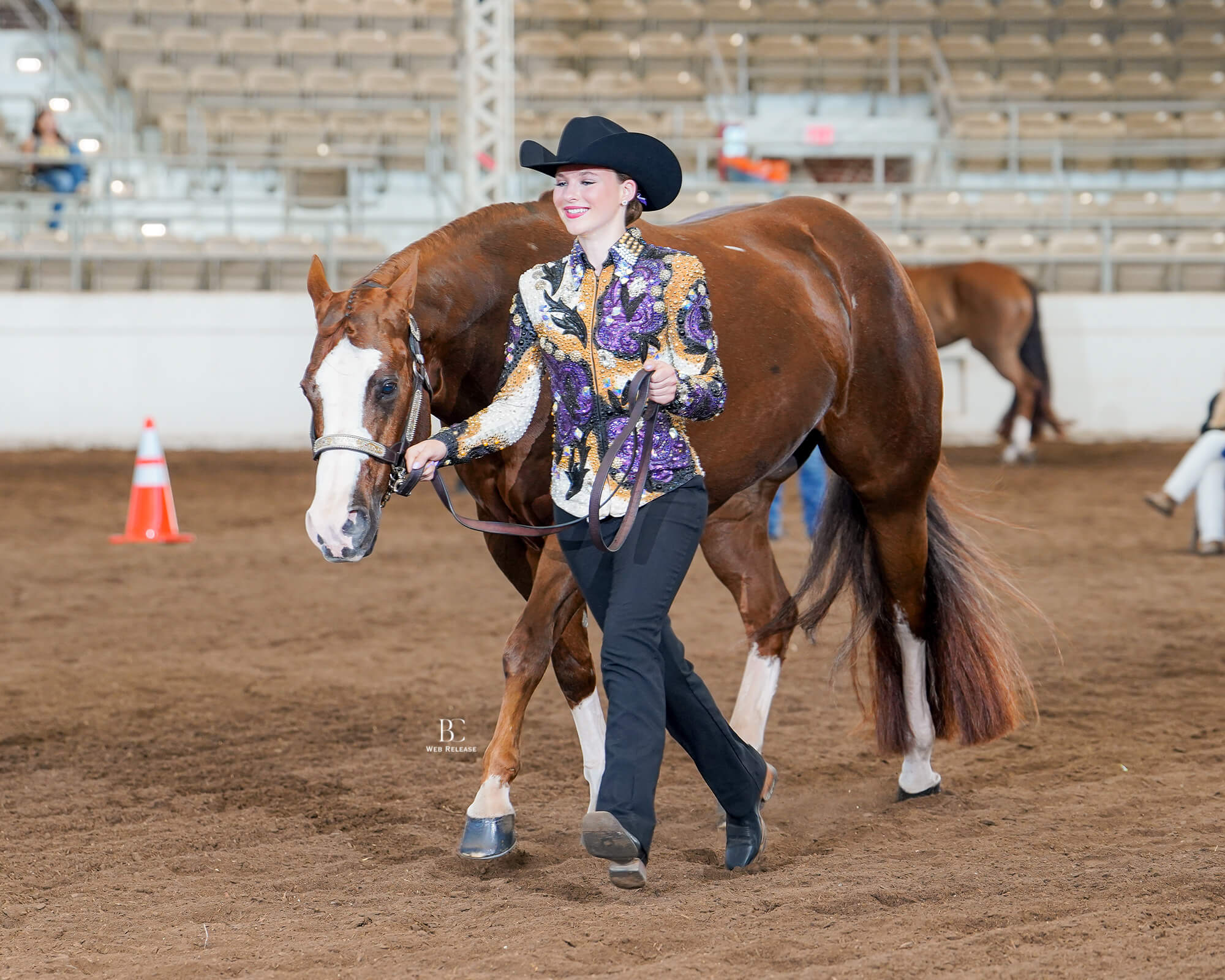 horse show exhibitor showing their chestnut horse in showmanship. both trotting past the camrea